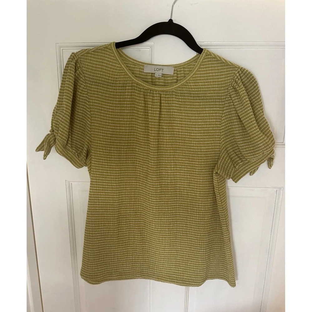 Womens Loft Crinkle Tie Sleeve Shirt Short Sleeves Striped Office Career Size S